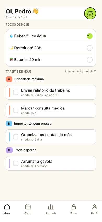 A aba Hoje do Broto: três focos do dia e as tarefas separadas em A, B e C.