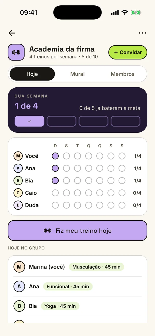 Um grupo de treino, com a semana de cada pessoa.