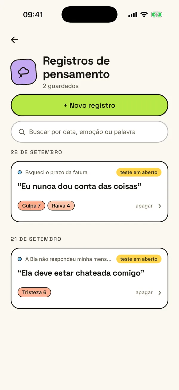 A lista de registros de pensamento, com as emoções e a intensidade.