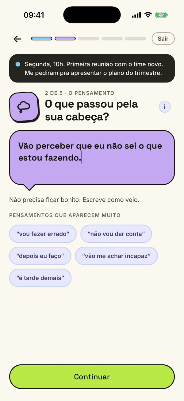 O registro de pensamento, com situação, pensamento e emoção.